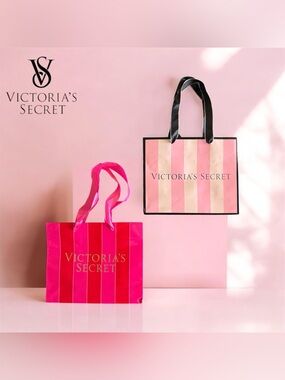 Victoria's Secret Pink Striped Tote Gift Bags - Hot Pink & Light Pink (SET of 2)